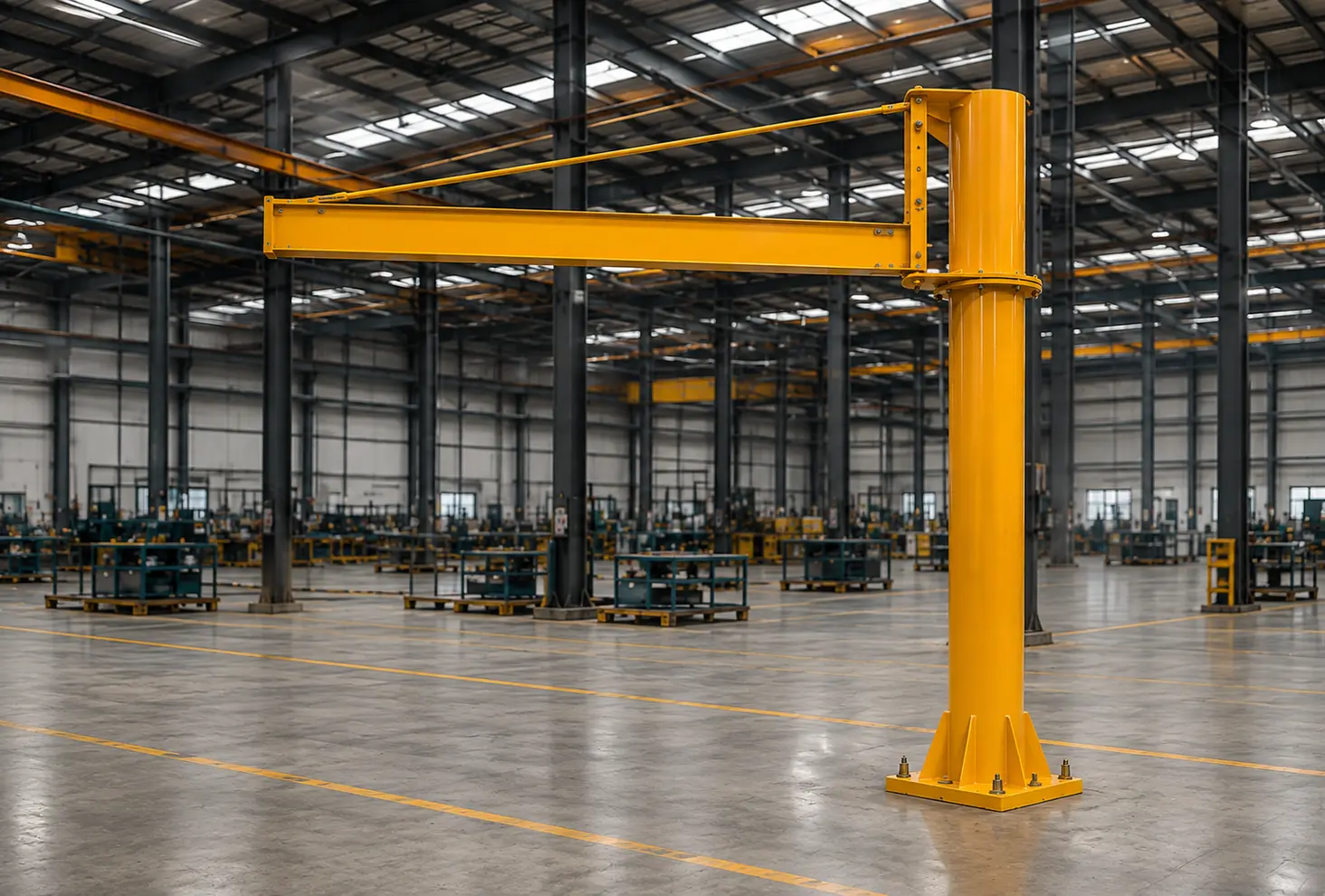 Guindaste giratório de coluna amarelo ancorado ao piso de um galpão industrial